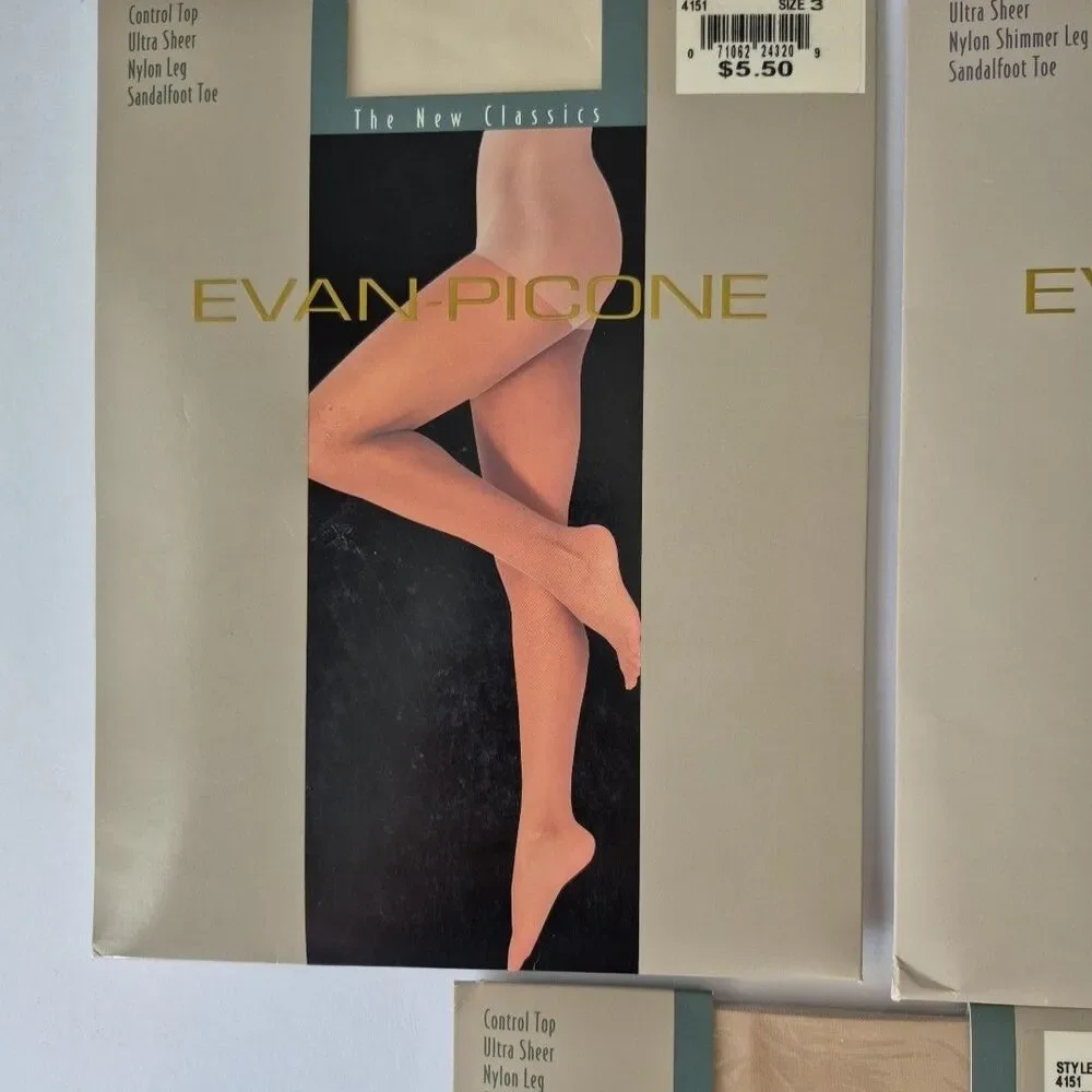 Evan Picone 3 Prs Control Top Ultra Sheer Sandal Foot Pantyhose SZ 3 Bone Shell